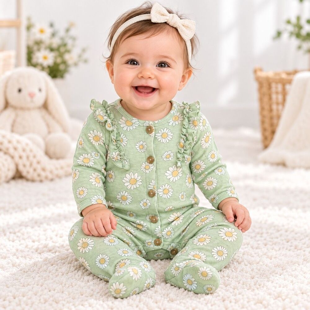 Nicole Miller Baby Girl Mint Floral Cottagecore Footed Sleeper Ruffle 6-9M